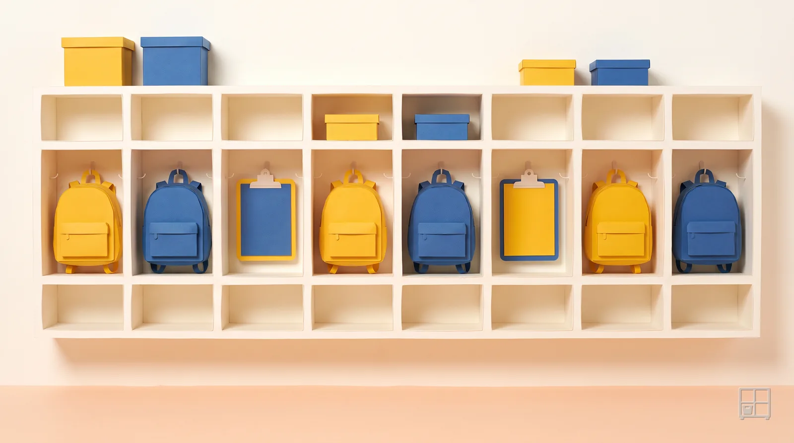 Cut-paper collage of a long cubby wall with a yellow or blue backpack hung in every bay and colour boxes on the shelf above