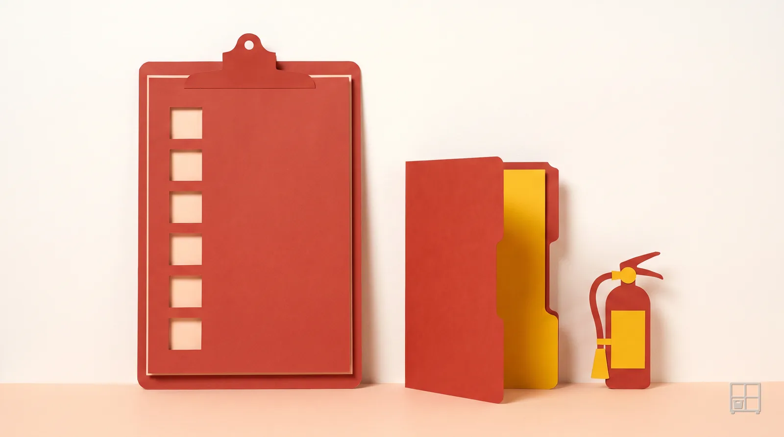 Cut-paper collage of a red clipboard whose sheet is a column of six cut-out tick boxes, beside a red folder and a small fire extinguisher