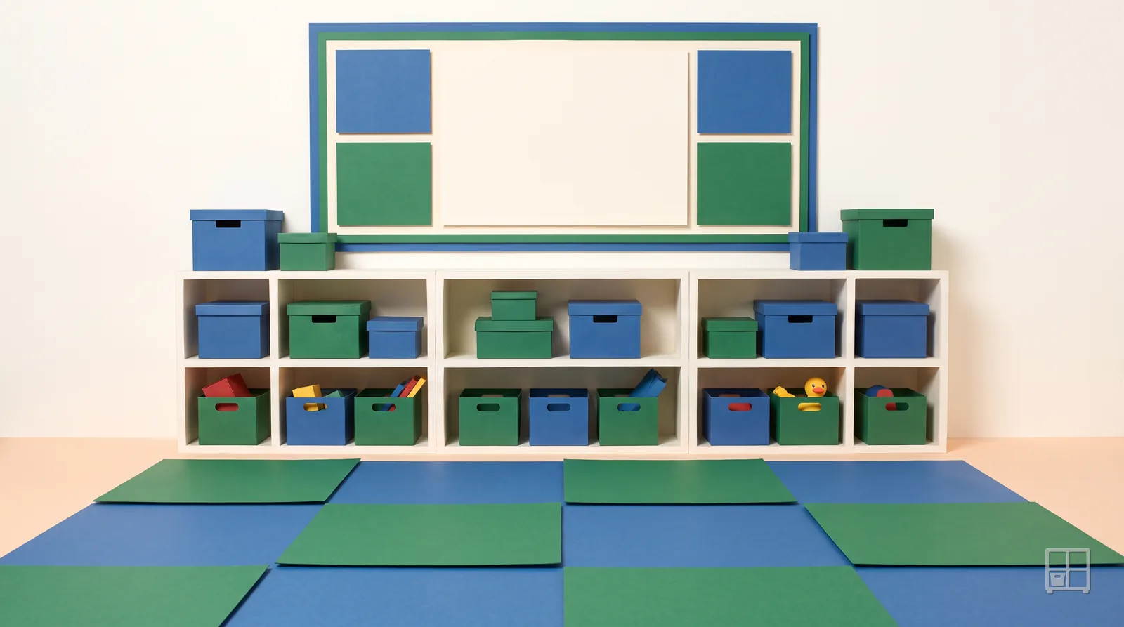 Cut-paper collage of a classroom: a green-framed board over cubbies packed with green and blue bins, on a chequered blue-and-green mat floor