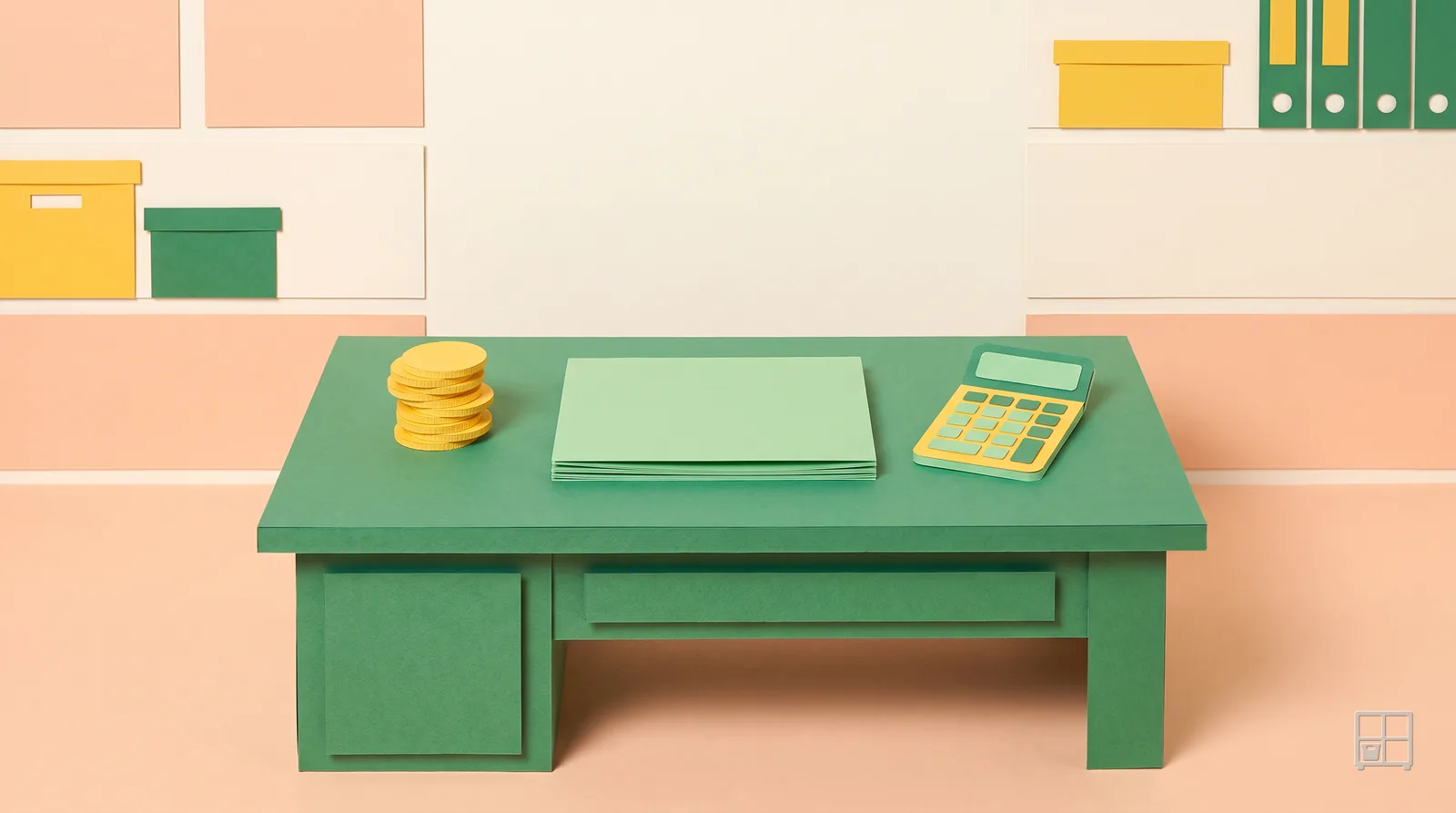 Cut-paper collage of a green desk holding a stack of coins, a folder and a calculator, with shelves of files behind
