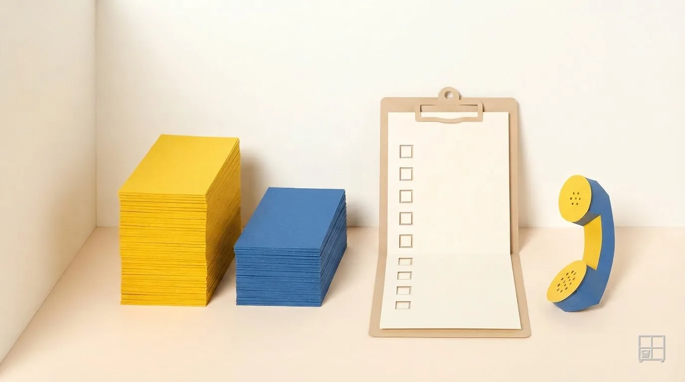 Cut-paper collage of a tall stack of yellow cards and a shorter blue stack beside a tick-box clipboard and a telephone handset