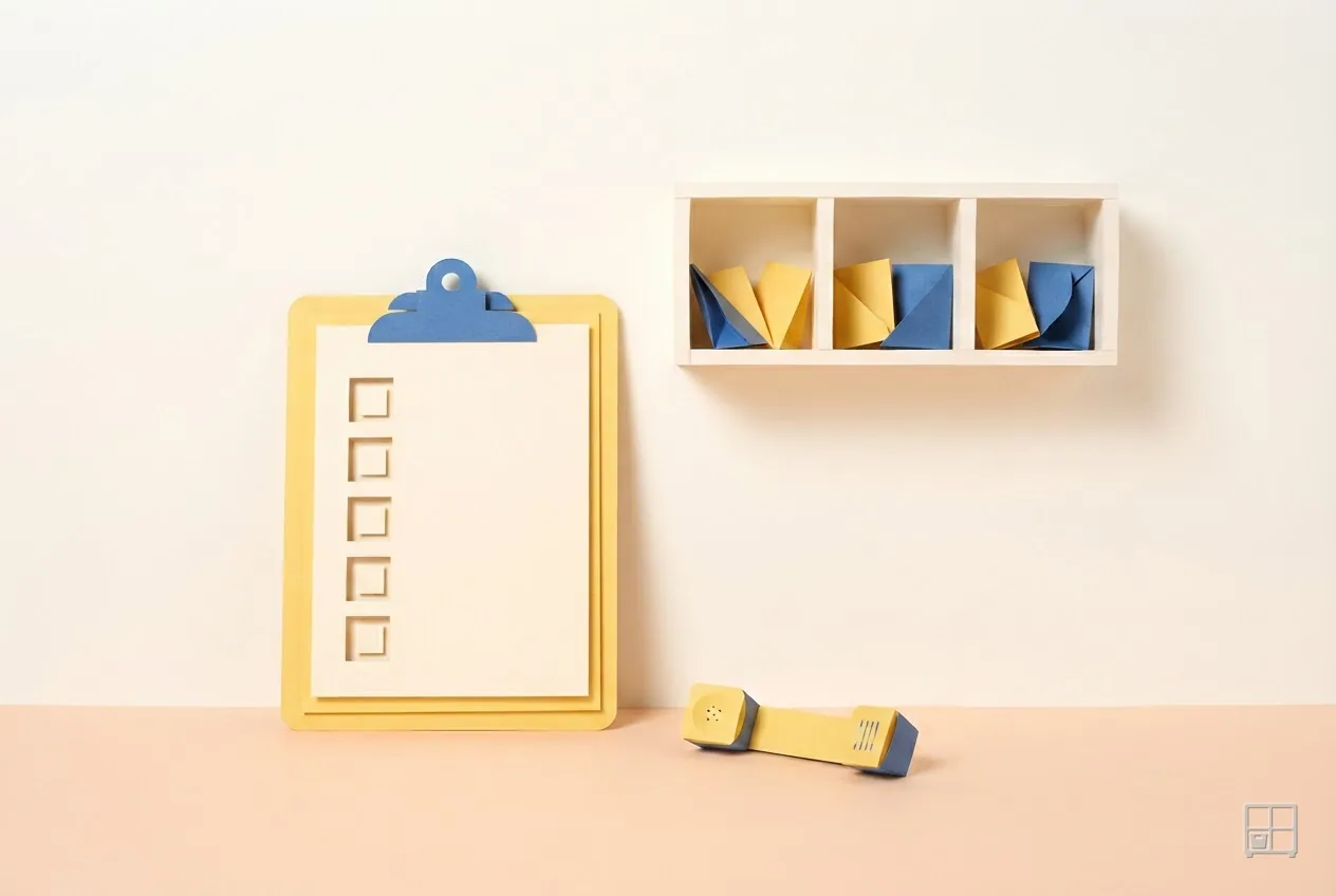 Cut-paper collage of a clipboard of cut-out tick boxes beside a telephone handset and a three-bay cubby of folded papers