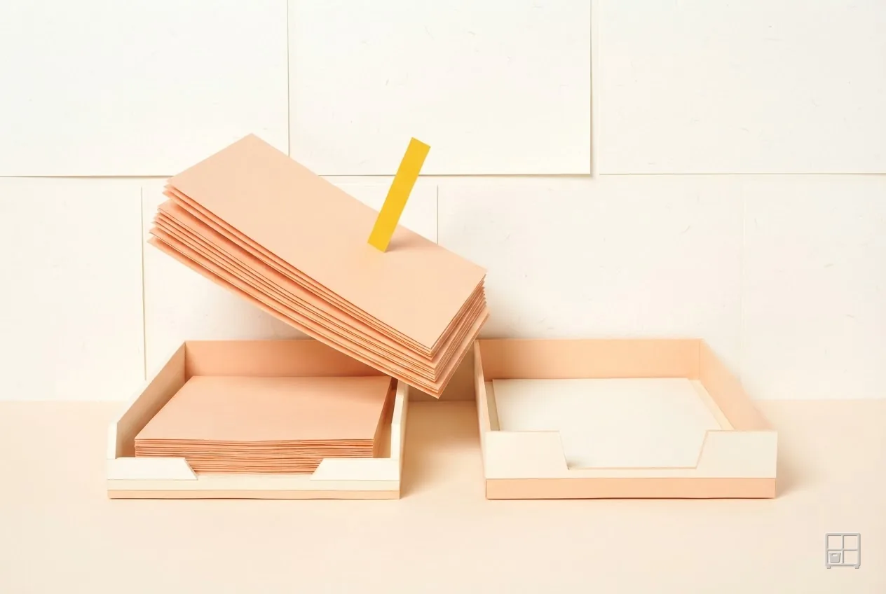Cut-paper collage of a thick stack of sheets tipping out of one letter tray beside an empty tray