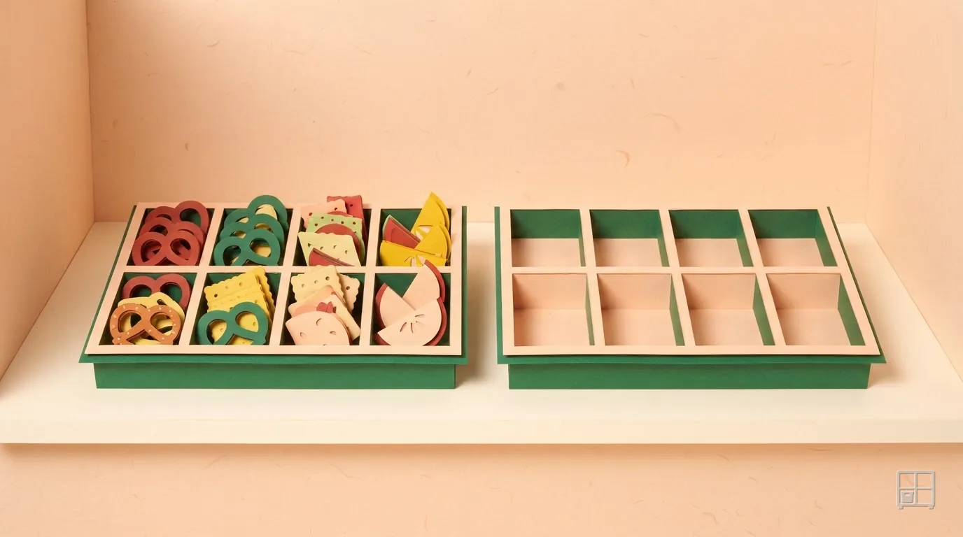 Cut-paper collage of two trays side by side, one filled with cut-paper food, the other with empty compartments