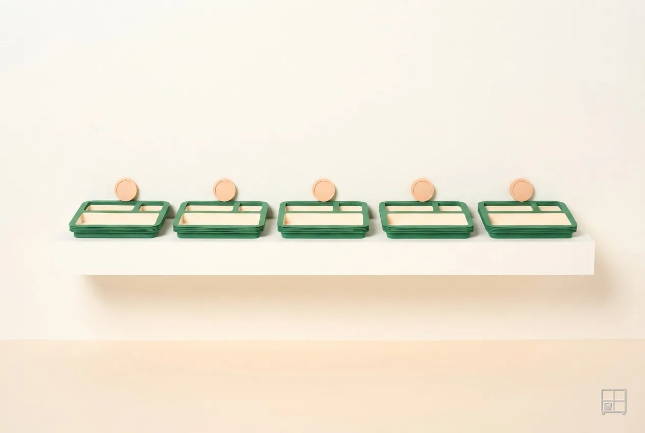 Cut-paper collage of five green trays on a shelf, each holding a single pale disc
