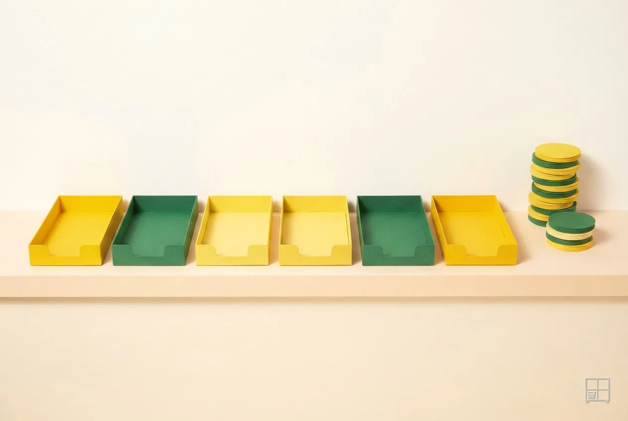 Cut-paper collage of six shallow trays in yellow and green with a stack of coins at the end of the row