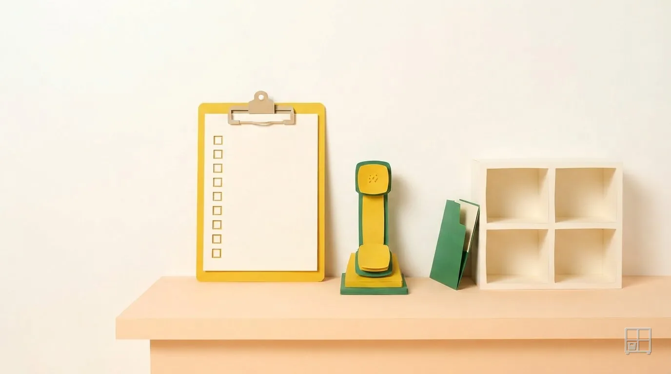 Cut-paper collage of a yellow tick-box clipboard, a telephone and a four-bay cubby unit standing on a counter