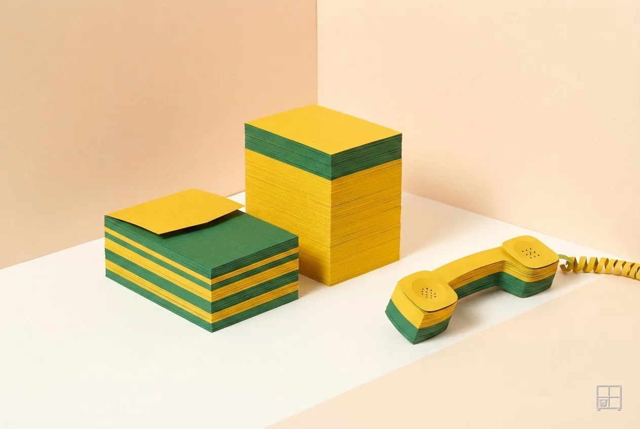 Cut-paper collage of a tall yellow-and-green stack of cards beside a much shorter one and a corded handset