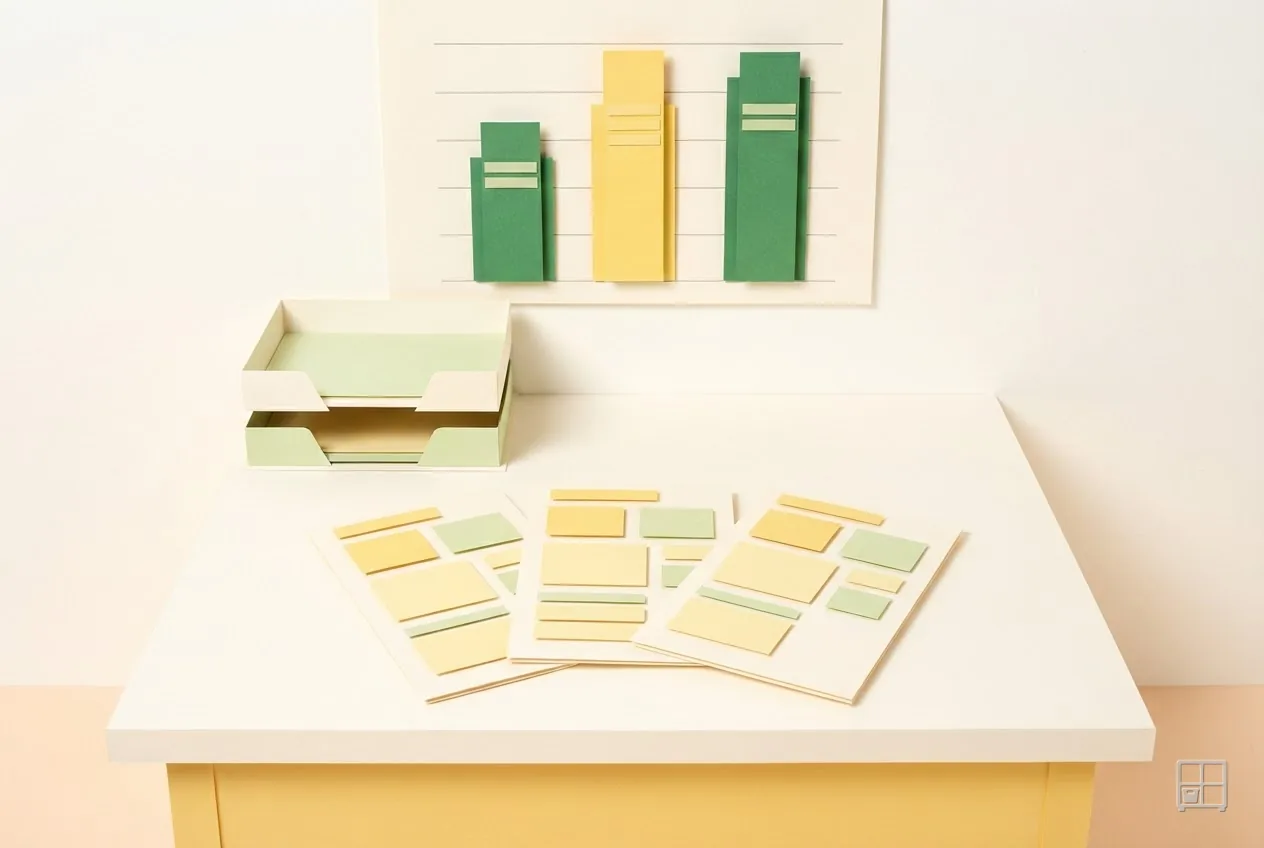Cut-paper collage of green and yellow marker bars on a ruled board above a table of scattered paper slips
