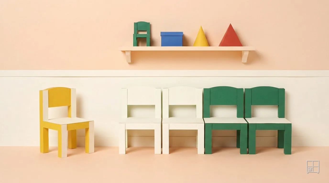 Cut-paper collage of one yellow chair standing alone, then three white and three green chairs pushed together