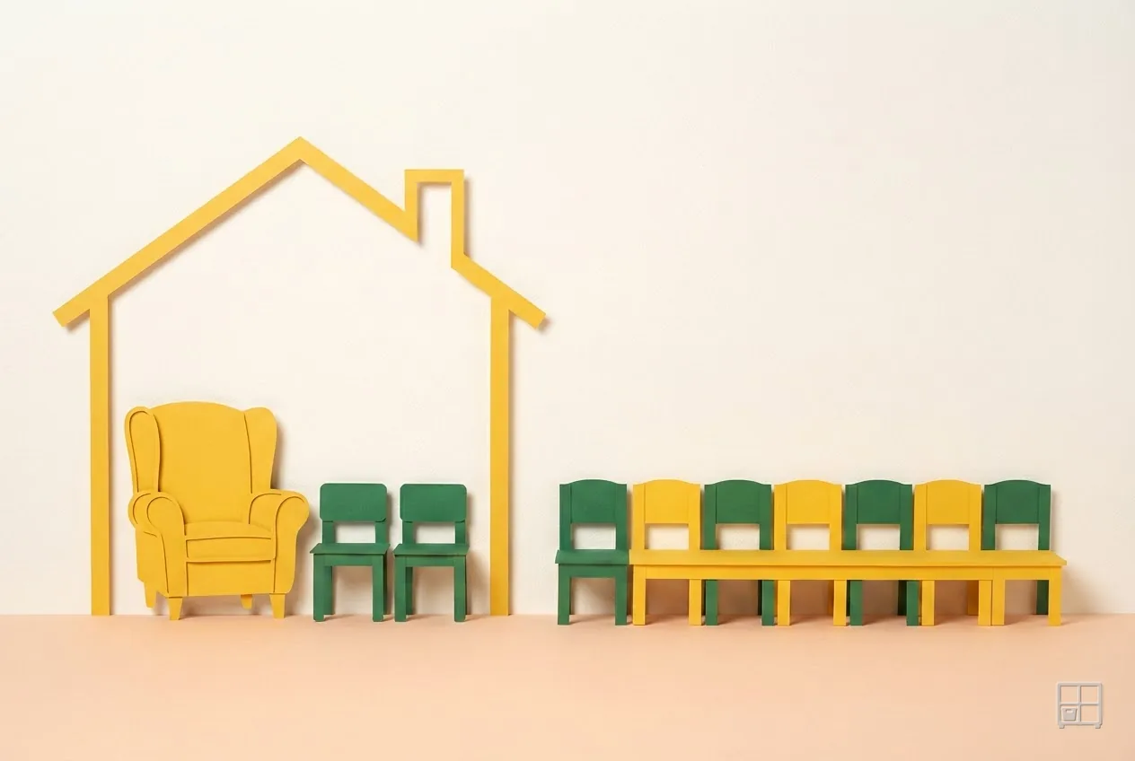 Cut-paper collage of a yellow house outline over an armchair and two chairs, beside a long row of eight chairs