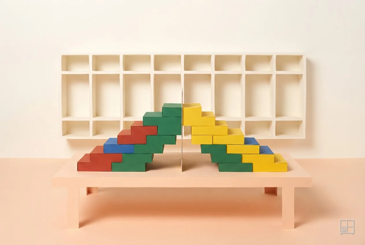 Cut-paper collage of two stepped stacks of coloured blocks rising from a table to meet at a point