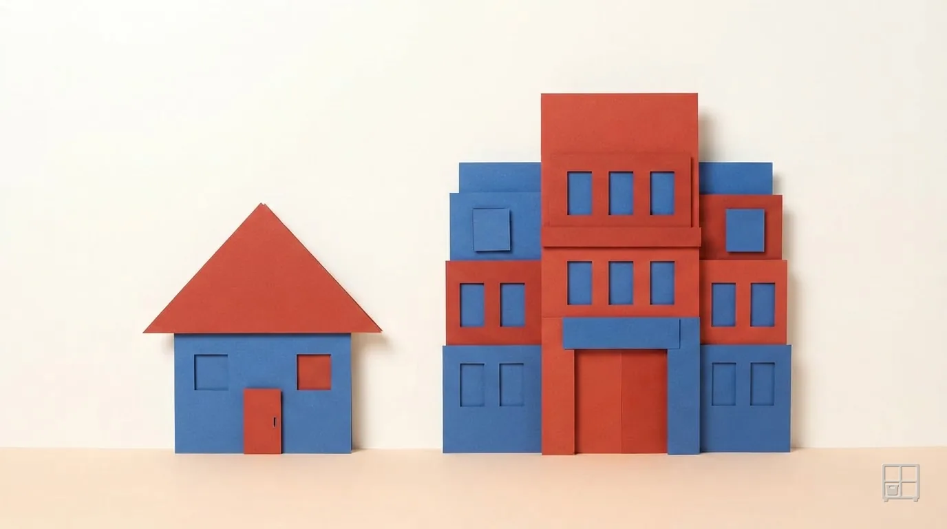 Cut-paper collage of a small blue house standing beside a tall red-and-blue apartment block