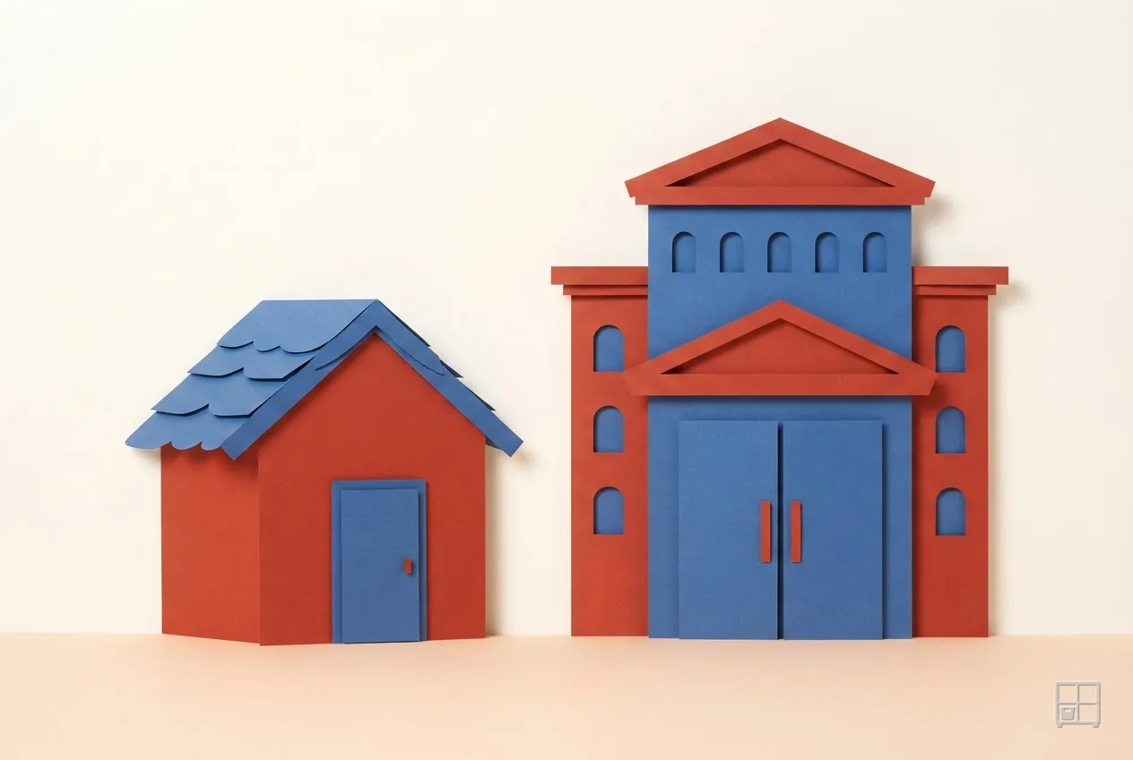 Cut-paper collage of a red cottage with a blue roof next to a blue institutional building with columns