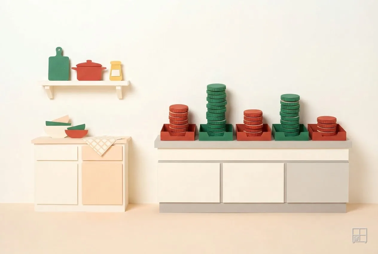 Cut-paper collage of a home kitchen counter beside a long commercial counter stacked with red and green trays