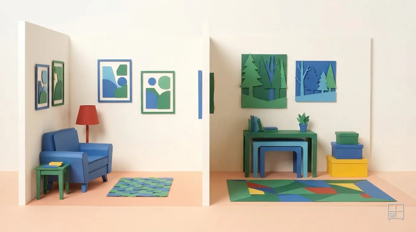 Cut-paper collage of two rooms side by side: a home lounge with an armchair, and a classroom of small tables