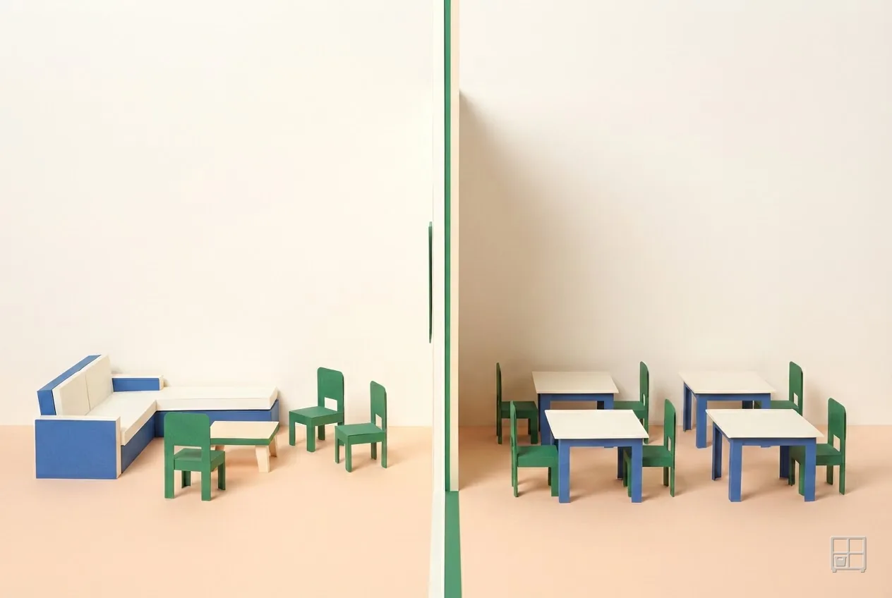 Cut-paper collage of a green divider between a sofa with one small table and a room of four matching tables and chairs