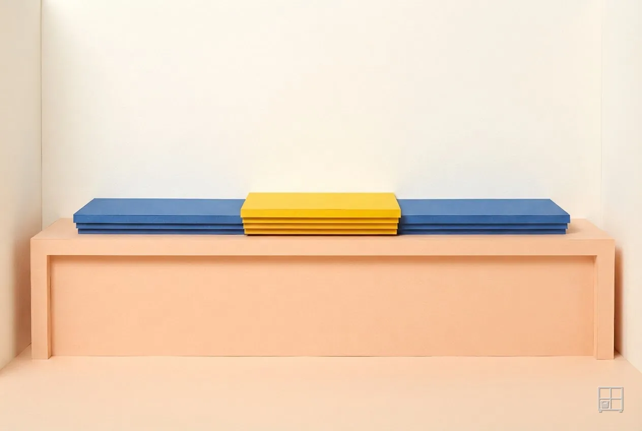 Cut-paper collage of a long blue mat on a bench with a much shorter yellow one stacked at its middle