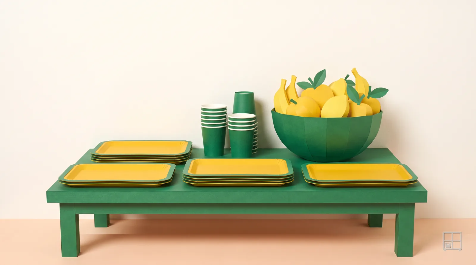 Cut-paper collage of a green table set with yellow trays, stacked cups and a bowl of lemons and bananas