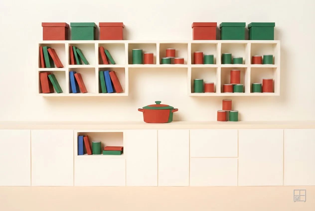 Cut-paper collage of kitchen shelves of tins, jars and folders above a counter with a red pot