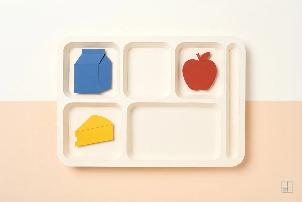 Cut-paper collage of a five-compartment lunch tray holding a milk carton, an apple and a wedge of cheese