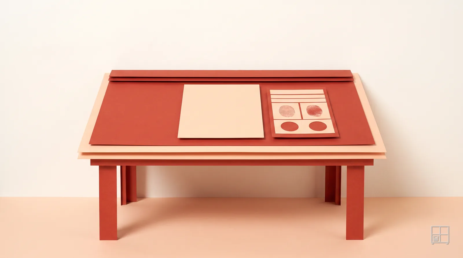 Cut-paper collage of a red-topped desk holding a blank sheet and a card printed with four red fingerprint marks