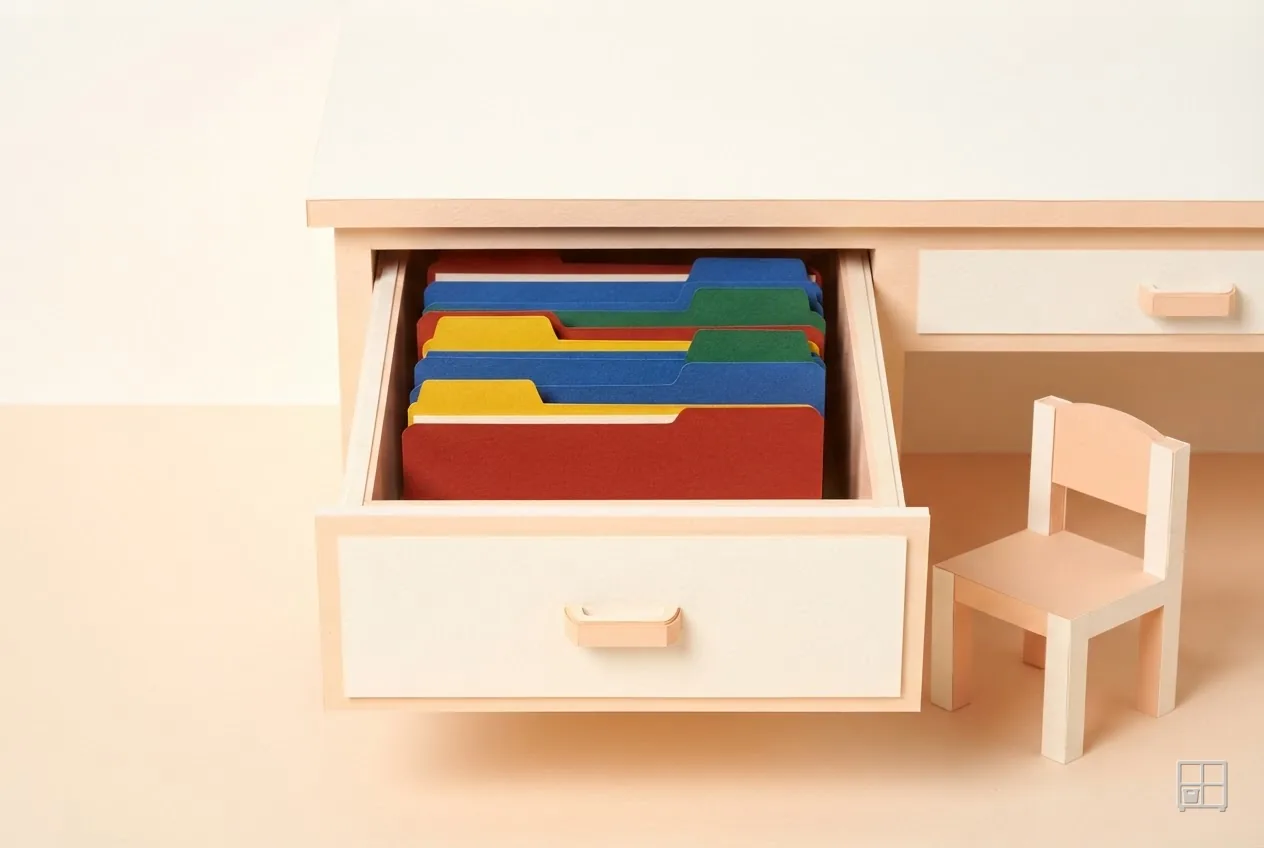 Cut-paper collage of an open desk drawer packed with red, blue, green and yellow folders, a small chair beside it