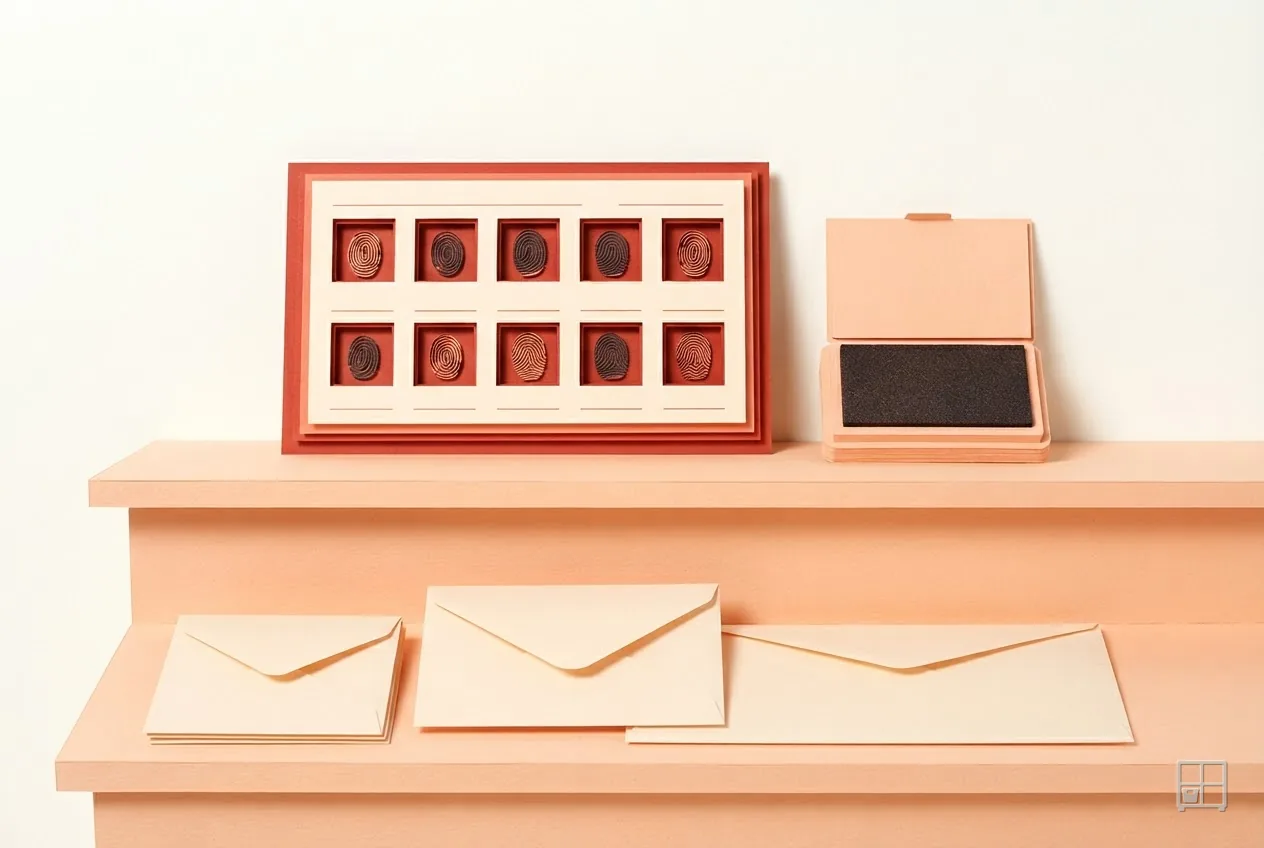 Cut-paper collage of a framed grid of ten red fingerprint marks and an ink pad above three envelopes