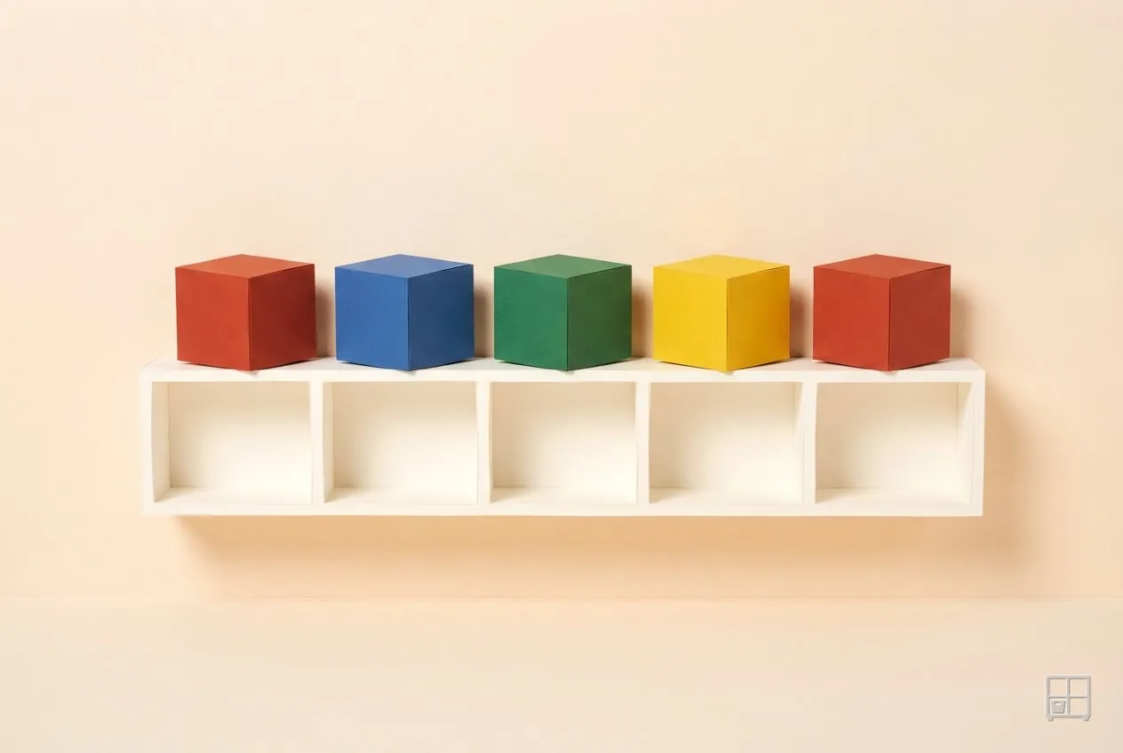 Cut-paper collage of five coloured cubes standing on a five-bay shelf