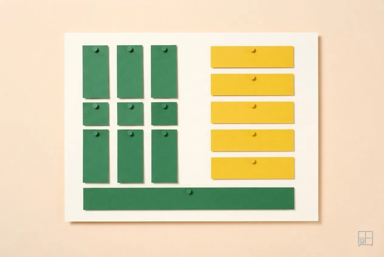 Cut-paper collage of a board carrying a block of green tags on the left, five yellow bars on the right and one long green bar below