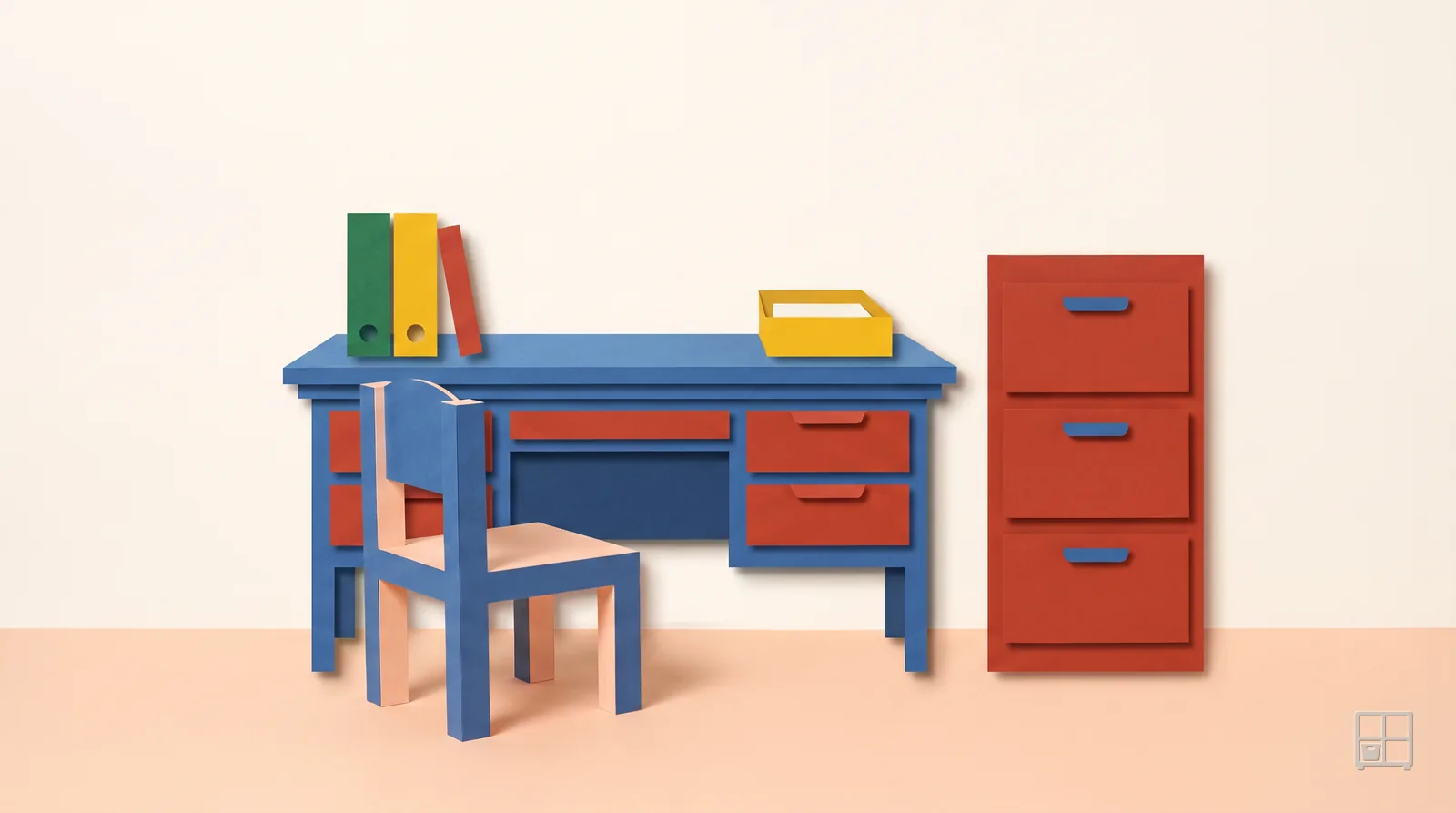 Cut-paper collage of a blue desk with folders and a child's chair beside a red filing cabinet