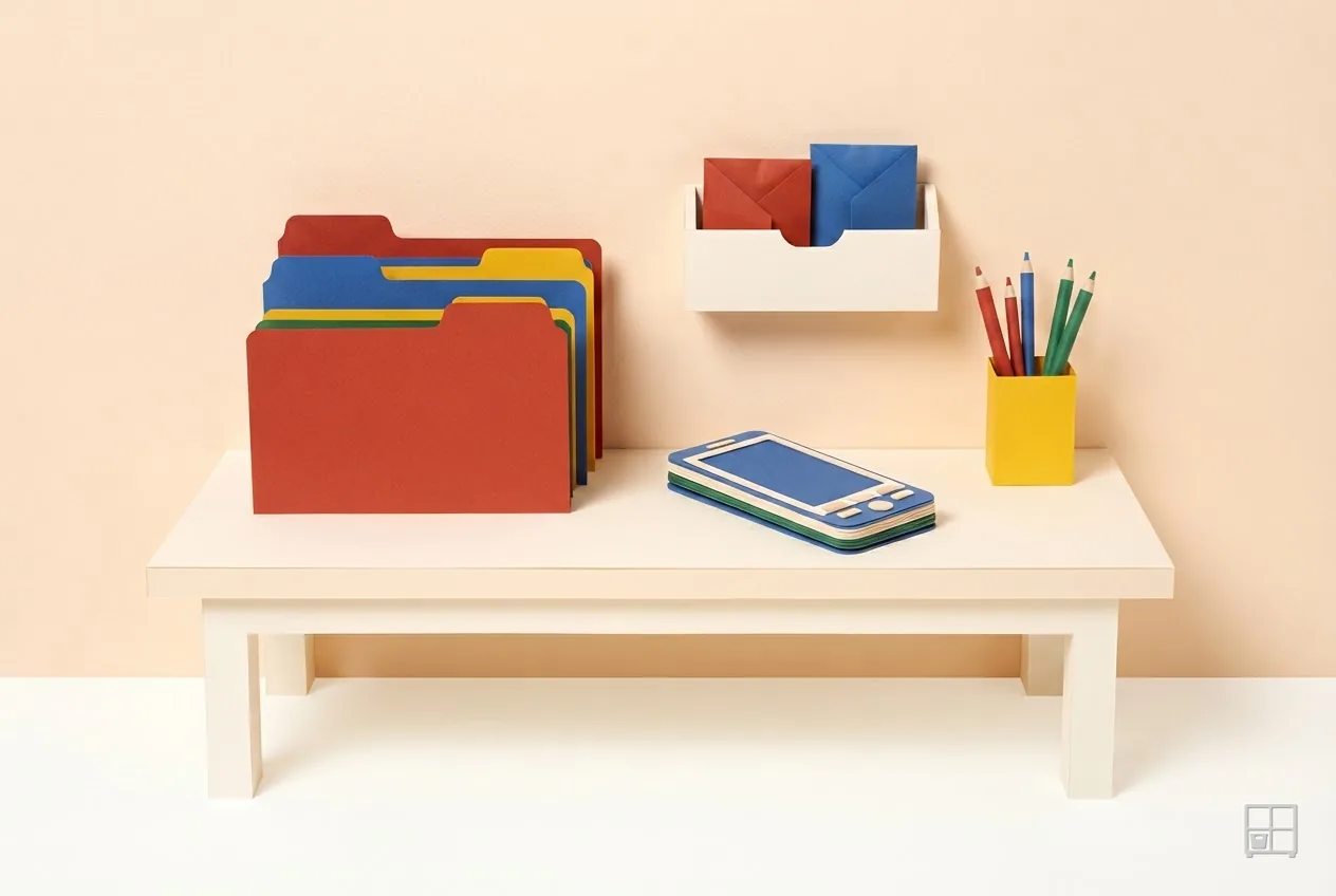 Cut-paper collage of red and blue folders standing on a desk beside a letter tray, a calculator and a pot of pencils