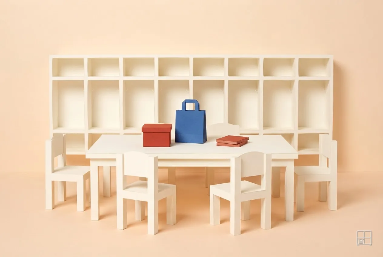 Cut-paper collage of a meeting table ringed with small chairs in front of an empty cubby wall