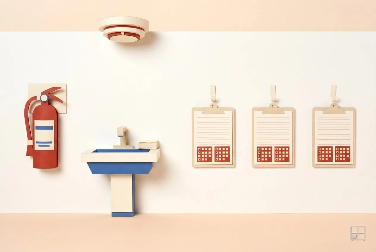 Cut-paper collage of a ceiling smoke alarm, a fire extinguisher, a hand basin and three ruled wall charts