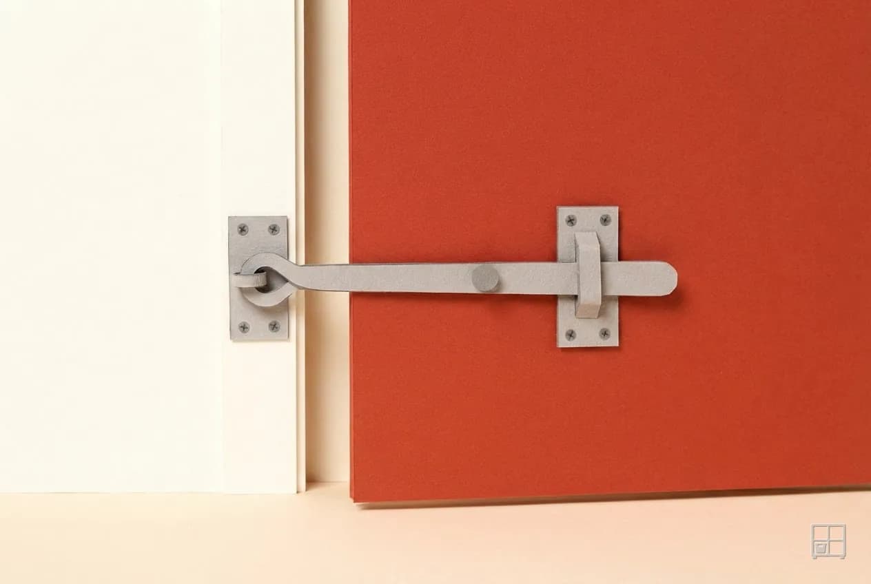 Cut-paper collage of a close view of a grey latch bar fastened across a red door
