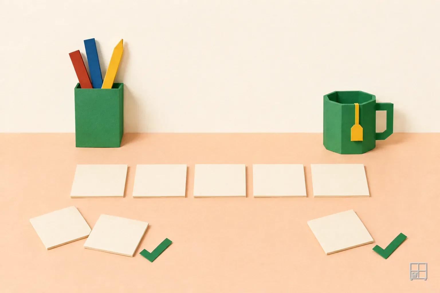 Cut-paper collage of five blank cards in a row on a table, two set aside, with a pencil cup and a mug