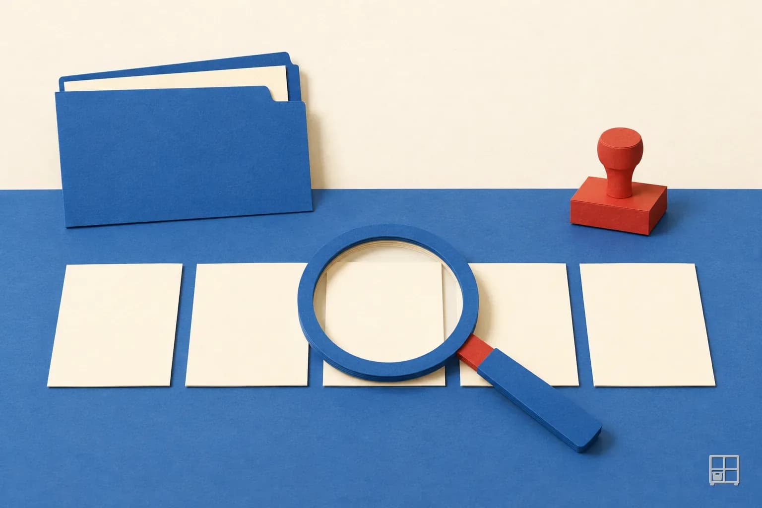 Cut-paper collage of a magnifying glass over a row of blank cards on a blue desk, with a folder and a stamp