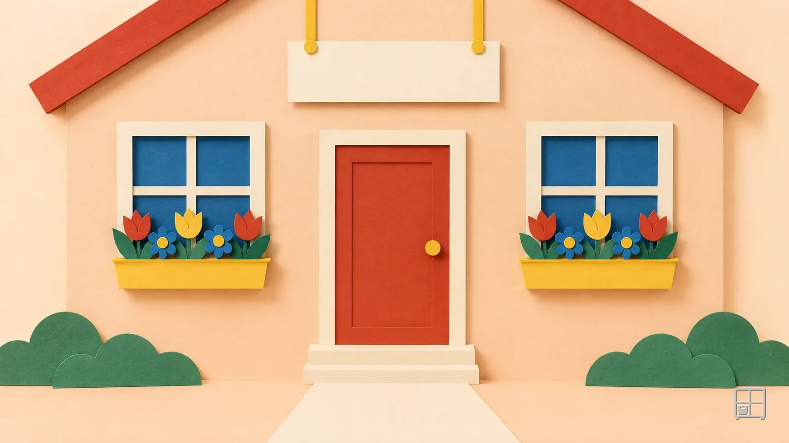 Cut-paper collage of a small daycare front with a red door, yellow window boxes and a blank board hanging above the door