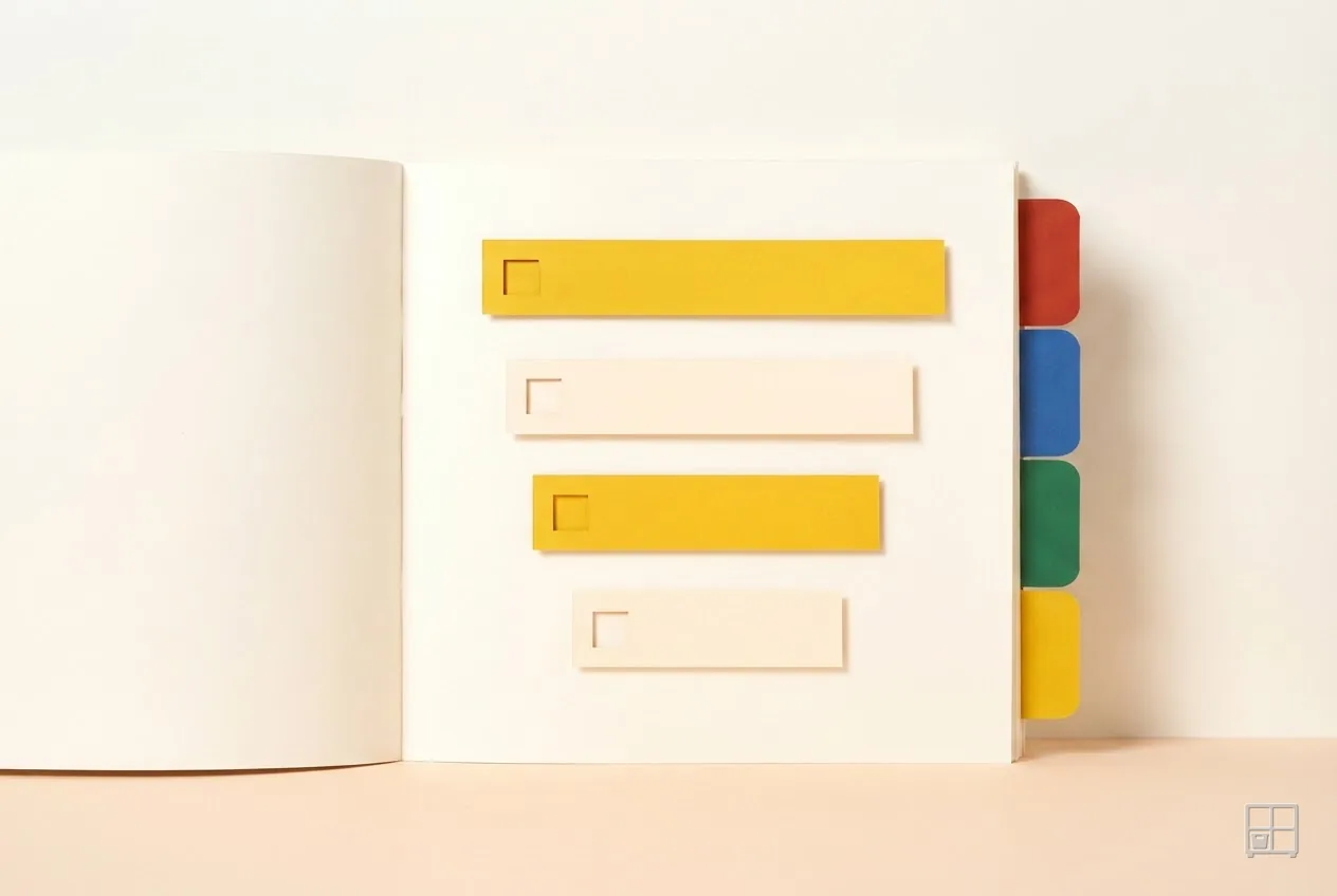 Cut-paper collage of an open binder with yellow section bars down the page and coloured edge tabs