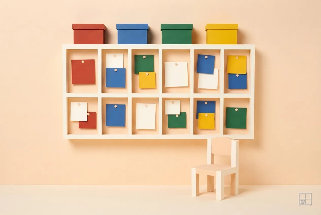 Cut-paper collage of a cubby wall with a blank sheet slotted into each bay and colour boxes above