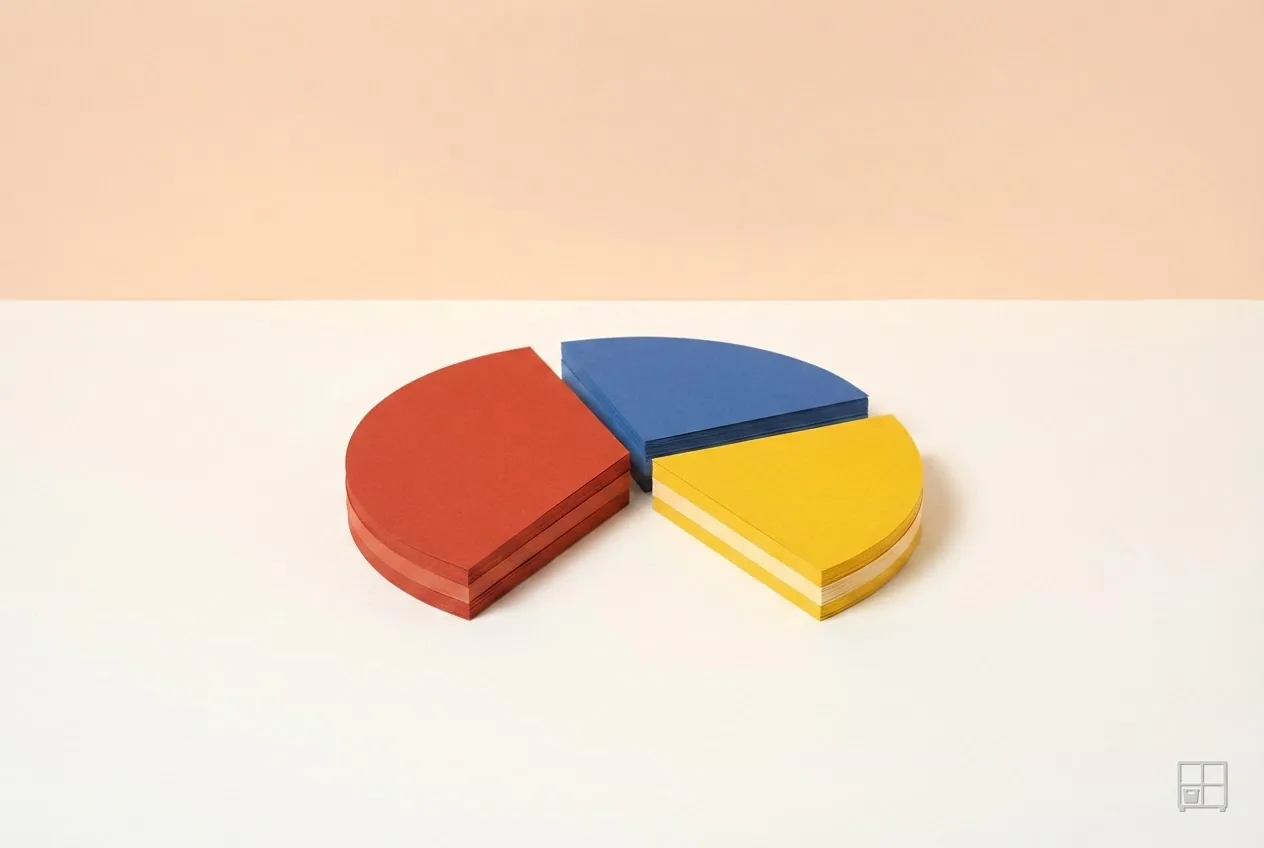 Cut-paper collage of a pie split into a red half, a blue quarter and a yellow wedge pulled clear of the rest