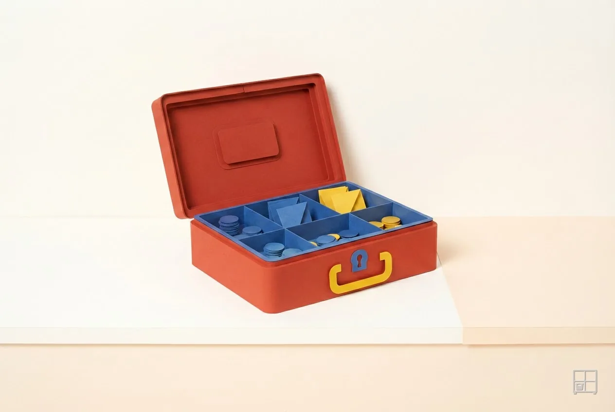 Cut-paper collage of an open red cash box with a blue tray of compartments inside