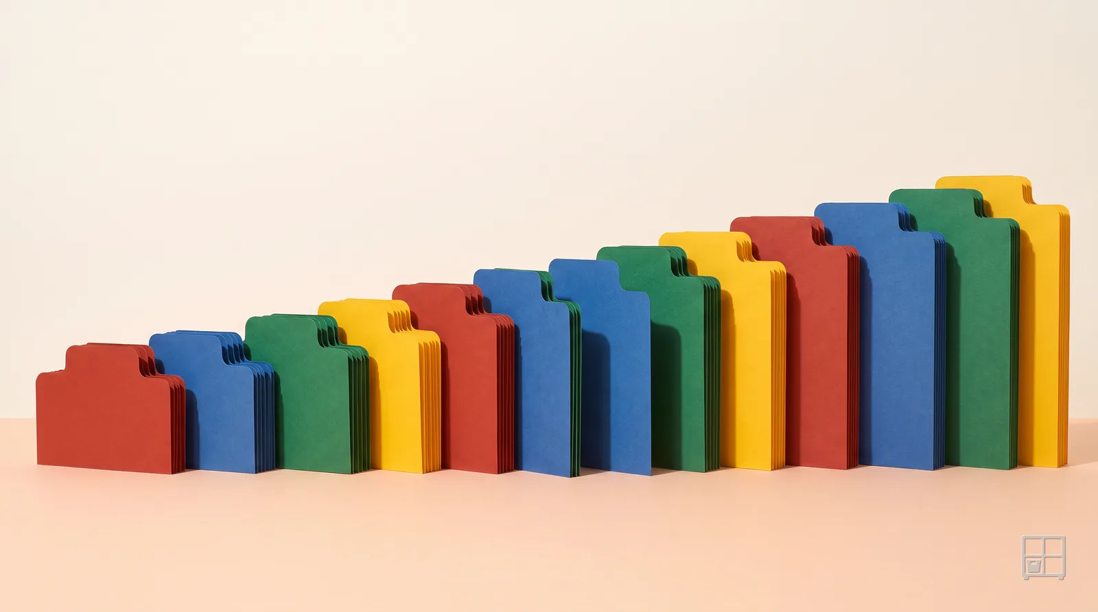 Cut-paper collage of a filing rail of stepped card tabs in red, blue, green and yellow, each tab standing taller than the one before