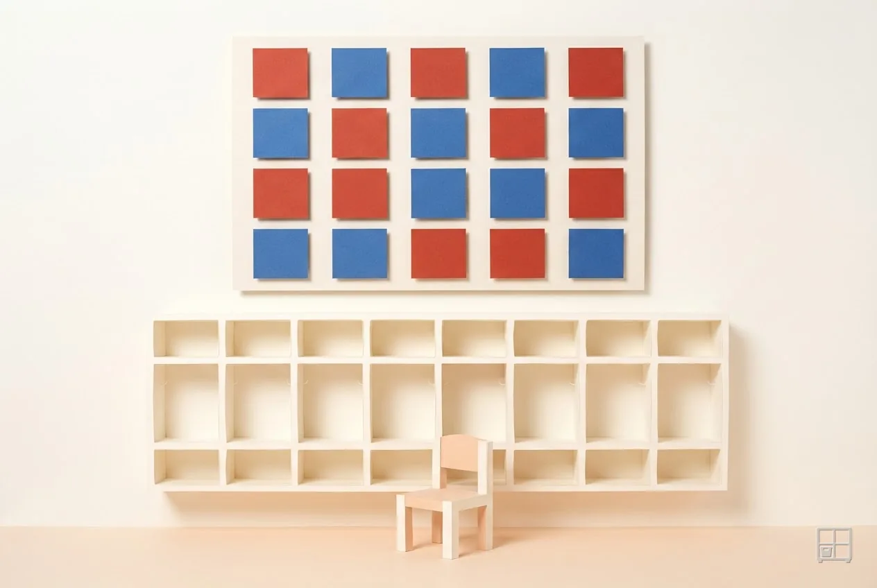 Cut-paper collage of a wall panel of twenty red and blue squares above an empty cubby shelf and one small chair