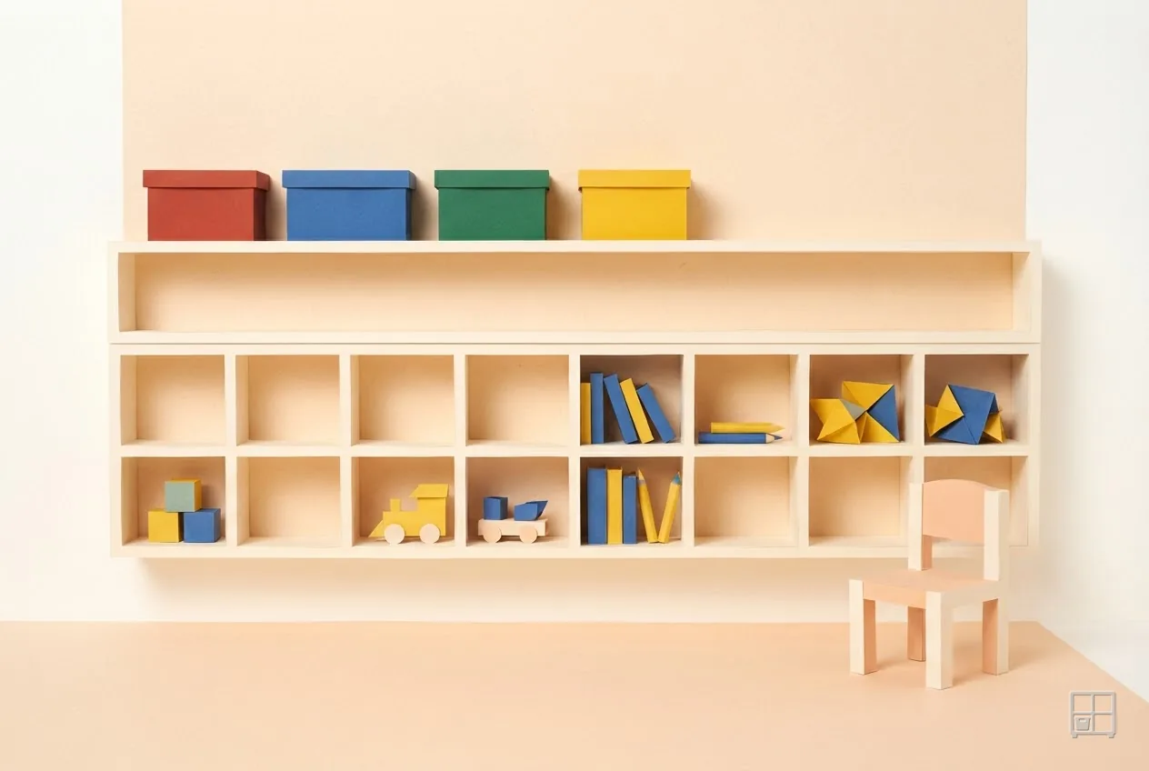 Cut-paper collage of a long cubby wall, half of it filled with books, blocks and a toy truck, colour boxes on the shelf above
