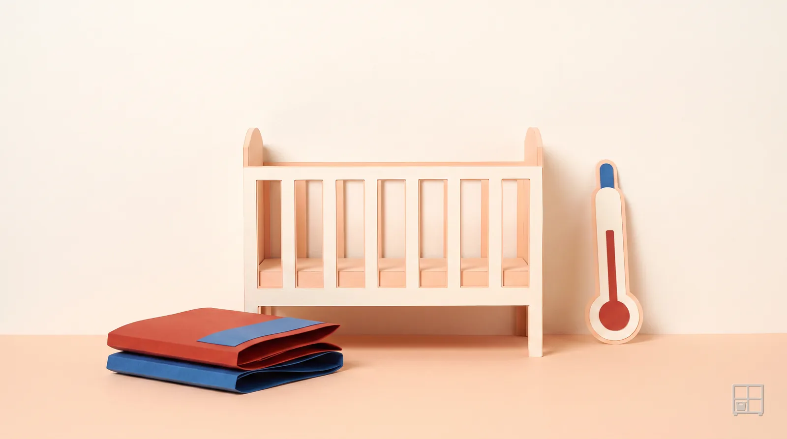 Cut-paper collage of an empty cot with a thermometer leaning against it and folded blankets on the floor