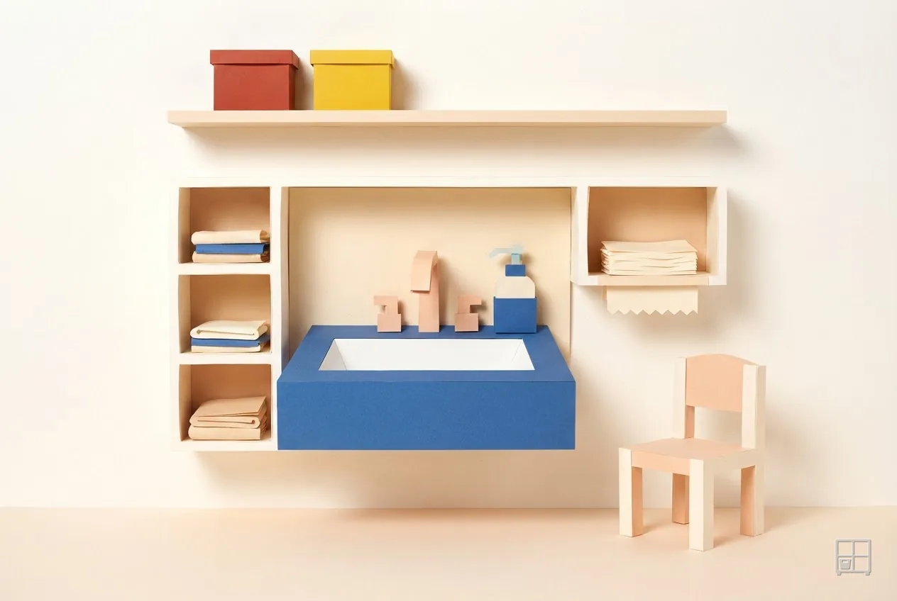 Cut-paper collage of a blue changing station between shelves of folded linens under a cubby wall