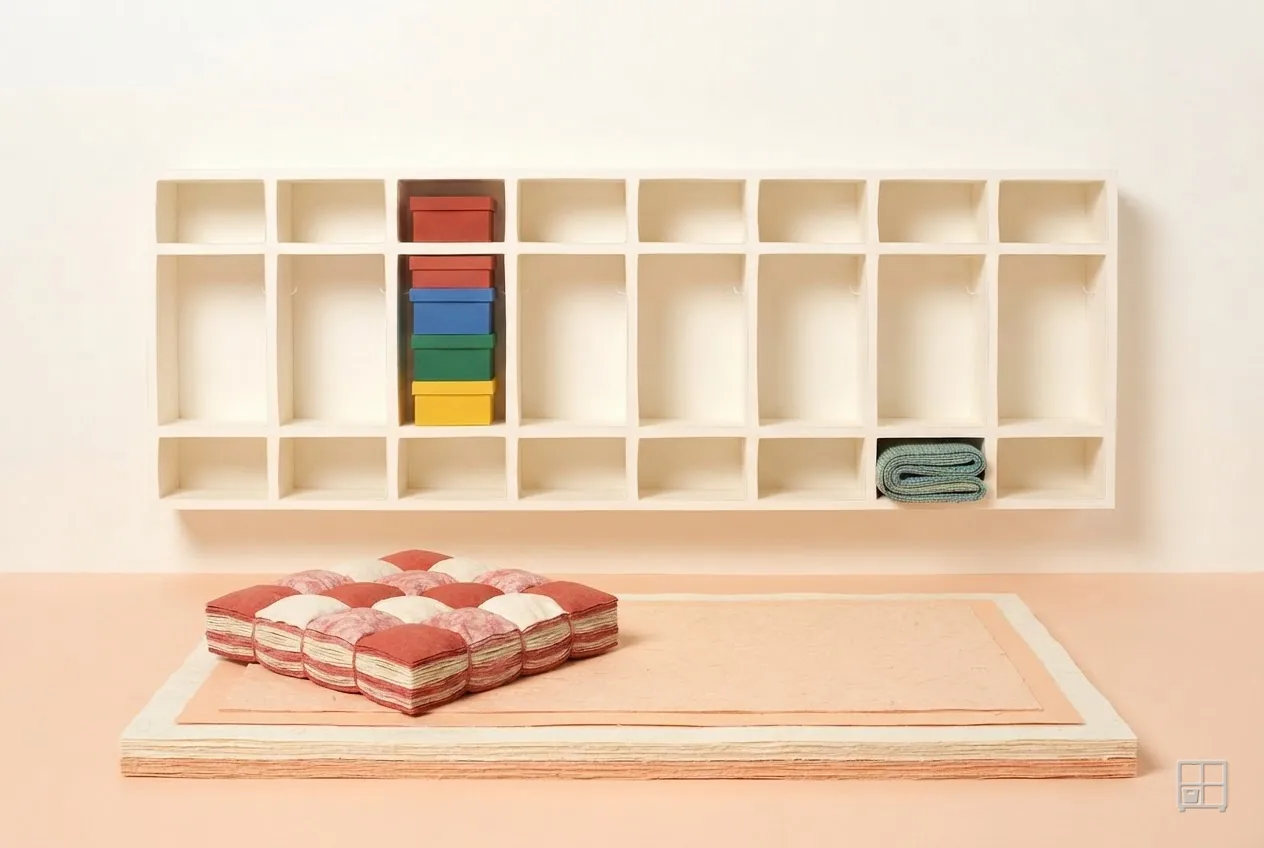 Cut-paper collage of a stack of red-checked mats on a rug below a mostly empty cubby wall