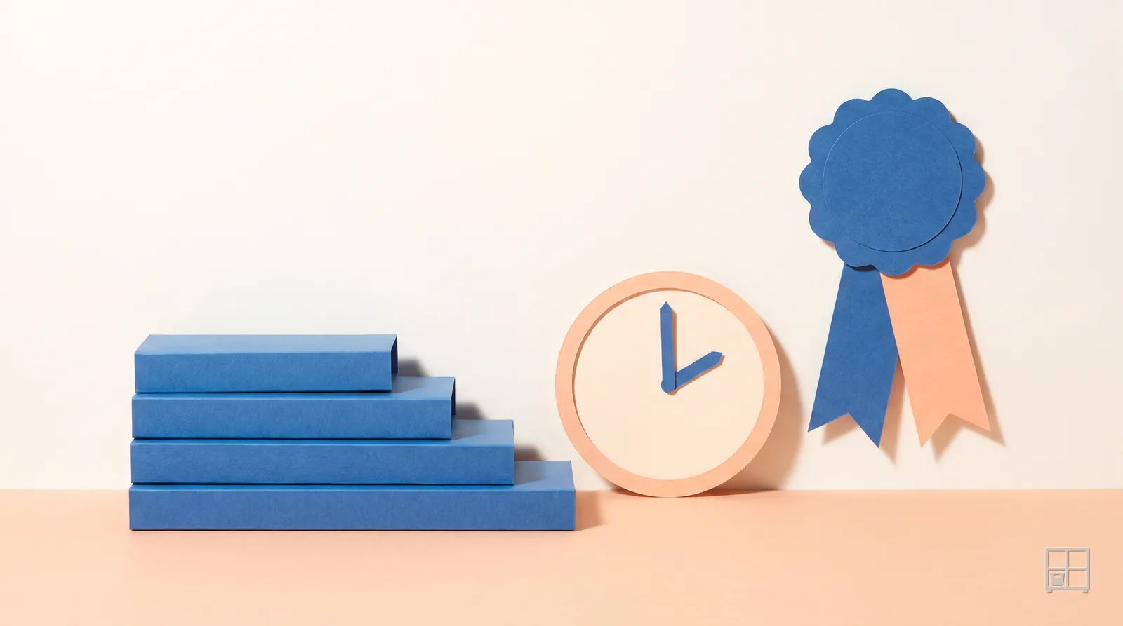 Cut-paper collage of four blue bars stacked in a stepped pay scale, a plain clock face and a blue ribbon rosette