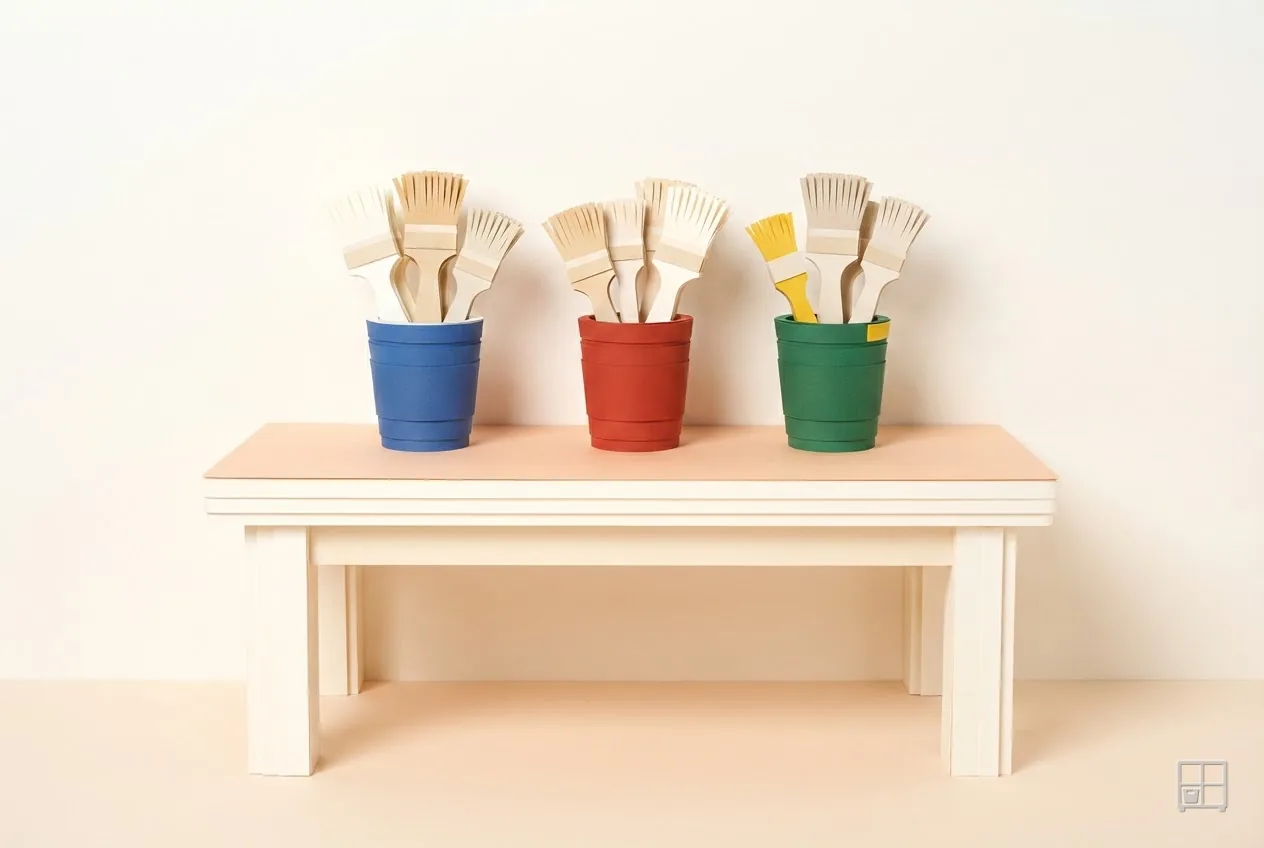 Cut-paper collage of three cups on a table, each holding a fan of blank cards